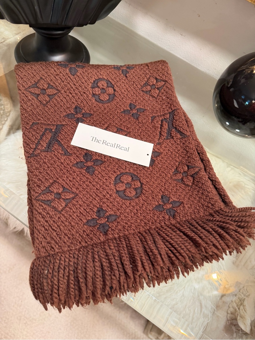 Louis Vuitton Brown Monogram unisex Wool-Blend Scarf w fringe